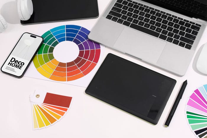 Design-Shapes-Your-Brand-Identity A collage showcasing different design elements like logos, color palettes, fonts, and images coming together to form a cohesive brand identity.